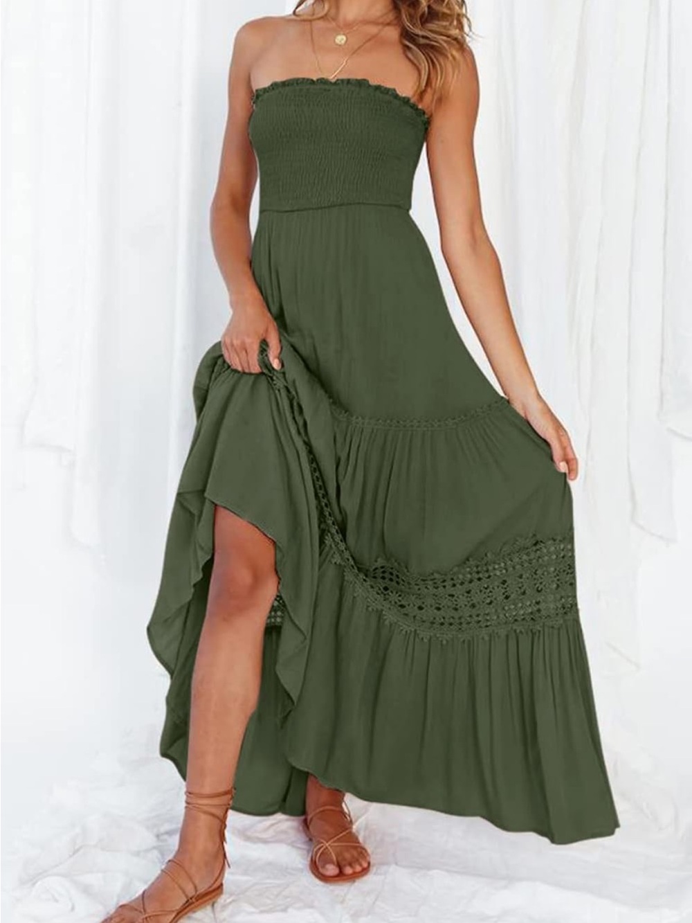 ZESICA Olive Green Strapless Smocked Crochet Boho Maxi Dress Size L